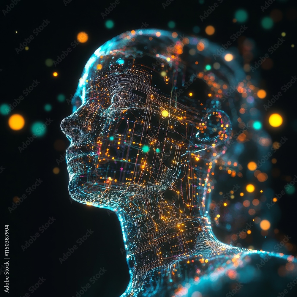 Poster creative representation of a digital human form illuminated by glowing particles and data patterns i
