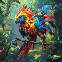 Obraz premium A colorful parrot sitting on a branch in a forest