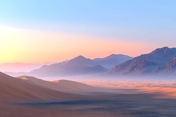 A serene desert landscape at sunrise, showcasing soft pastel colors, rolling sand dunes, and distant rugged mountains under a tranquil sky.