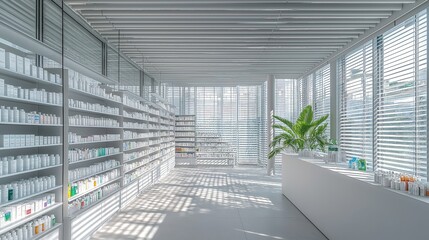 Modern pharmacy interior featuring neatly arranged medicine displays, emphasizing efficient healthcare organization and accessibility.