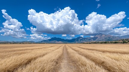 Fototapeta premium A field of dry grass with mountains in the background