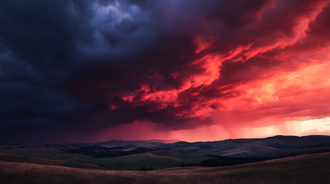 A stormy crimson sky over rolling hills with dramatic clouds casting sharp red highlights.