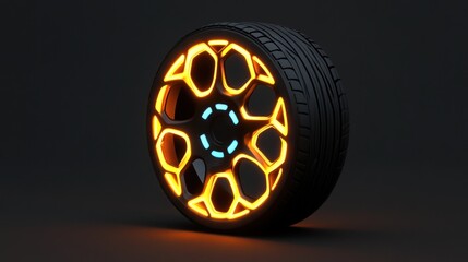 Futuristic glowing car wheel with intricate design.