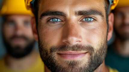 Obraz premium A close up of a man wearing a hard hat