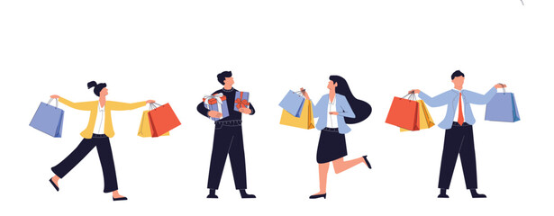 Collection of people carrying shopping bags with purchases. Men and women taking part in seasonal sale at store, shop