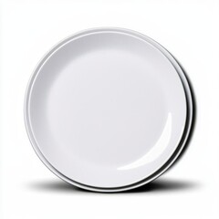 A photostock of polished white dinner plates stacked symmetrically, isolated on a clean white background, sleek and minimal, High Quality