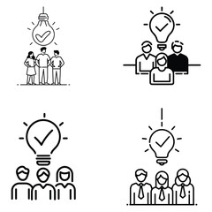 Minimalist Line Art of Teamwork with Lightbulb and Checkmark - Collaboration and Innovation Icon, Creative community, collective insight, group knowledge outline icon. Line sign group