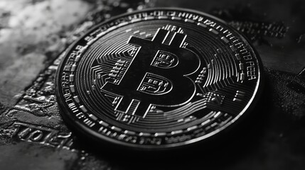 Bitcoin. Black coin on dark background. Cryptocurrency and digital currency technology