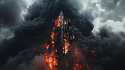 Obraz premium A towering inferno with flames licking at the edges of a crumbling building surrounded by thick black smoke.