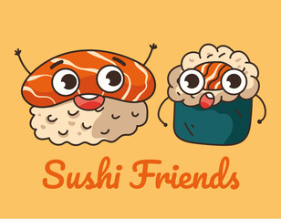 Sushi roll characters with soy sauce isolated set. Vector flat cartoon design element illustration