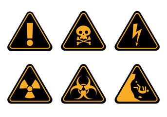 Warning attention pictogram danger safety yellow sign isolated set. Vector flat graphic design illustration