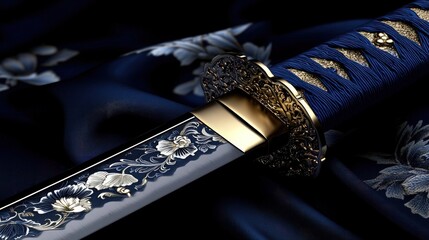Close-up of a decorative katana with intricate floral engravings on the blade and hilt, resting on a dark blue fabric.