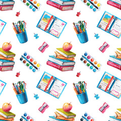 Stack of books, dairy, sharpener, paints with brush, apple, pin watercolor seamless pattern