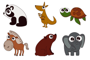 Obraz premium Set of pictures of cartoon wild animals. Panda, Kangaroo, Turtle, Elephant, Horse, Bear, vector illustration