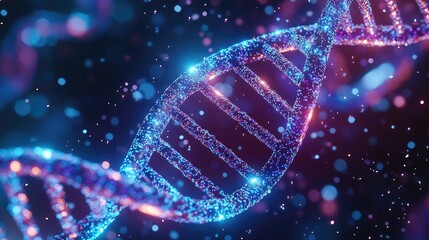 Glowing dna helix structure with sparkling blue and pink lights in dark background