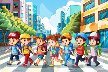 Group of children walking in the street. Vector illustration in cartoon style.
