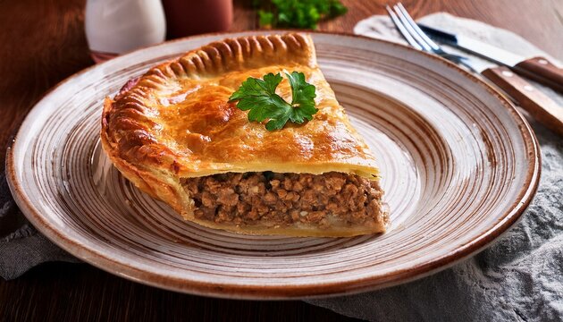 Generated image Finnish meat pie (lihapiirakka) with a flaky crust and minced meat filling