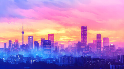 Fototapeta premium A vibrant cityscape at dusk with soft pastel colors blending into a watercolor sky.
