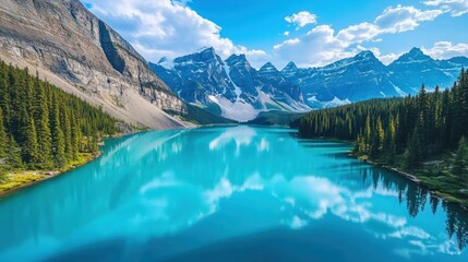 Turquoise Lake Reflecting Majestic Mountains and Sky