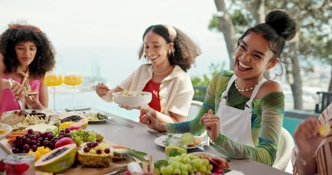 Friends, eating and laughing at dinner outdoor for funny conversation, comic joke or fun social gathering. Thanksgiving celebration, people and bonding with lunch for holiday reunion or weekend break