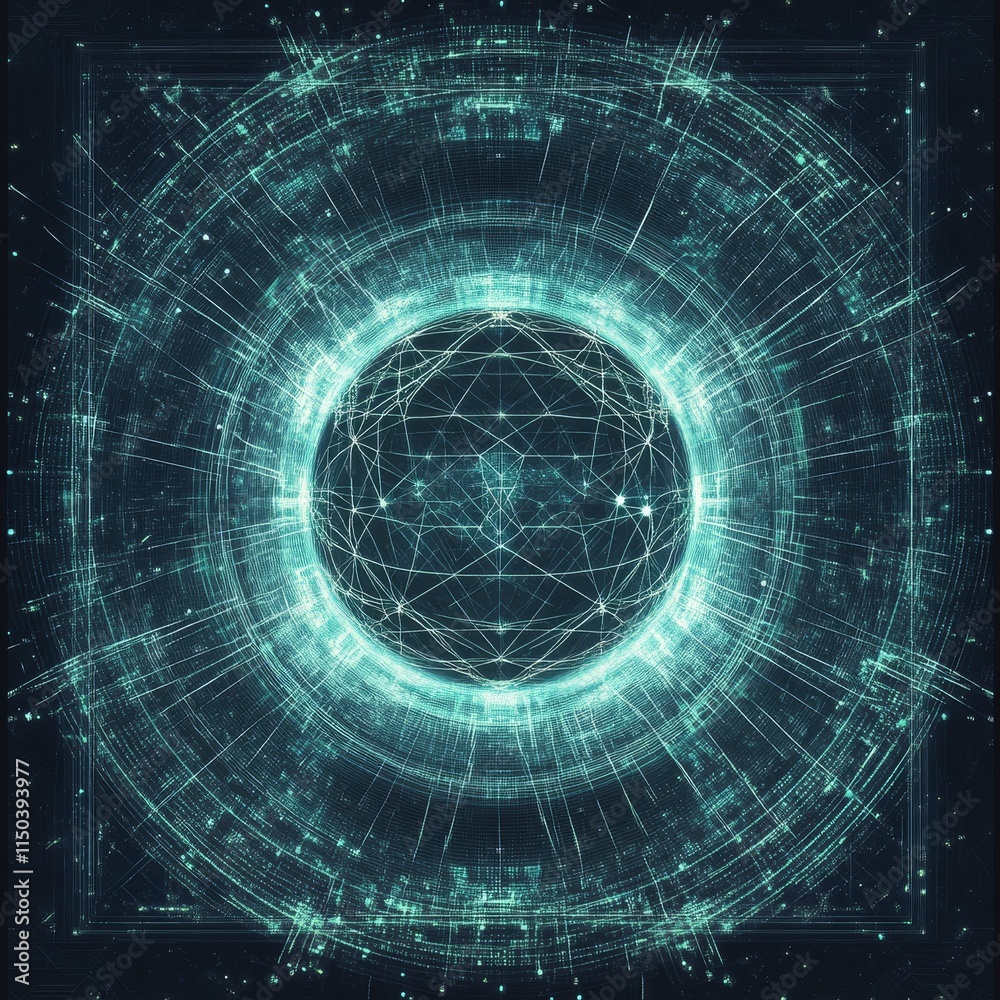 Poster digital graphic depicting a futuristic circular design with intricate lines and glowing patterns, cr