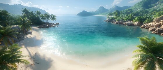 Fototapeta premium A breathtaking view of a tropical beach with crystal-clear turquoise waters, soft sandy shores, and lush palm trees, creating a serene paradise atmosphere.
