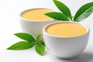 A photostock of creamy vanilla custard in elegant white bowls, smooth and appetizing, isolated on a clean white background, High Quality