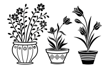 Black and white line drawing of three potted plants, each with different styles of pots and plants. The drawing has a minimalistic and elegant style.