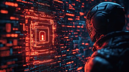 Cybersecurity shield and lock for privacy with encryption, programming symbol by blue background, information technology, software, coding to stop threat, phishing, safety with VPN