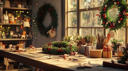 Obraz premium A holiday crafting station with supplies for making ornaments, wreaths, and gift tags, all neatly arranged on a table