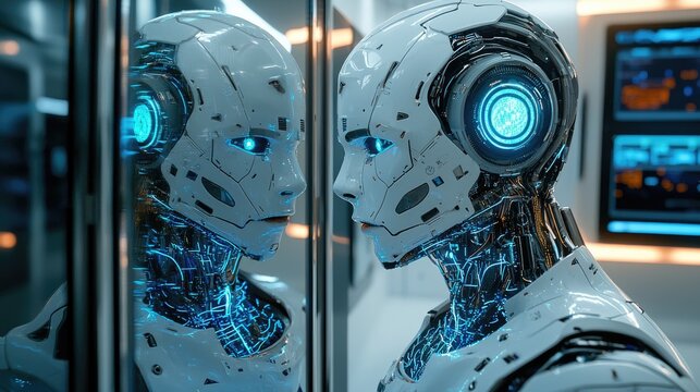 Futuristic robot with blue glowing circuitry and led display reflected in mirror