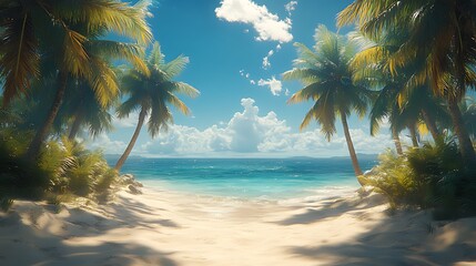 Idyllic tropical beach scene with palm trees, white sand, and turquoise ocean under a sunny sky.