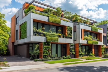 Obraz premium A modern townhouse facade with vertical gardens and staggered balconies for urban farming.
