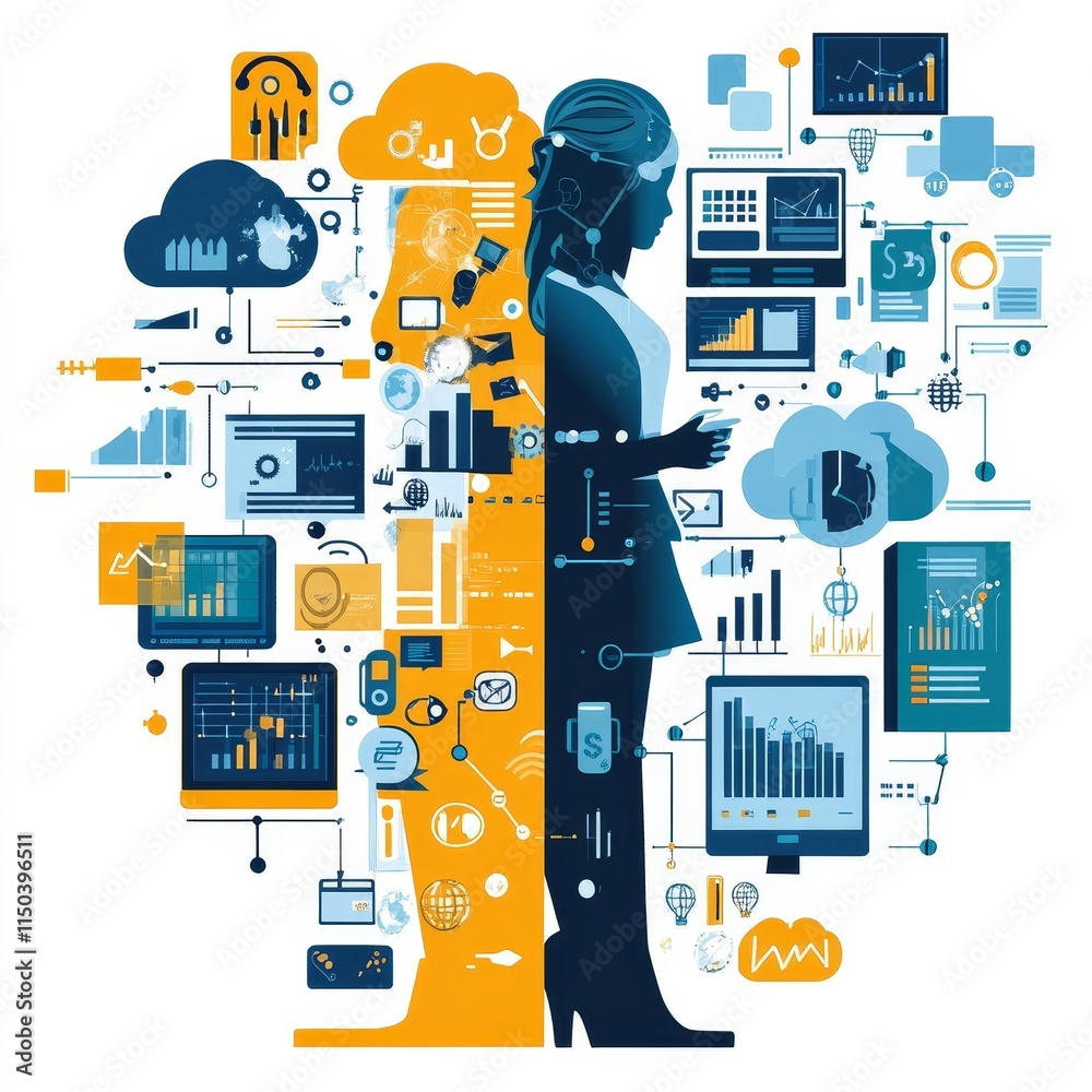 Poster data analysis and technology integration represented through a woman interacting with digital graphi