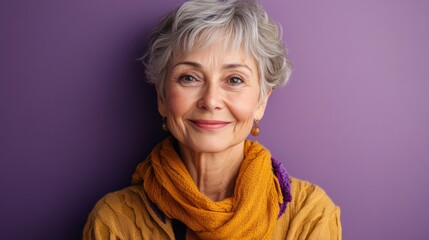 An elderly woman with short gray hair smiles joyfully. She wears a vibrant orange scarf and poses against a soft lavender backdrop, radiating warmth and happiness in her expression.