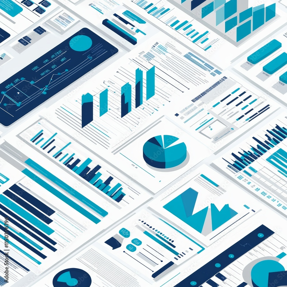 Poster data visualization and analytics reports spread across a workspace with colorful graphs and charts i