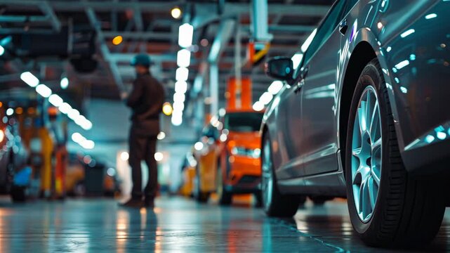 Blurred mechanic at car service station. Unfocused auto repair shop.