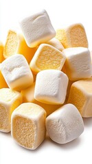 A photostock of fluffy white marshmallows scattered symmetrically, soft and sweet, isolated on a clean white background, High Quality