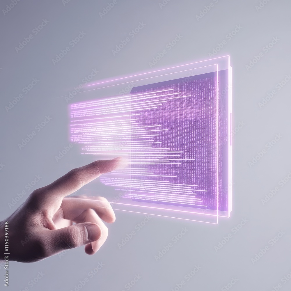 Poster futuristic hand interacting with a holographic display featuring flowing data and text in a minimali