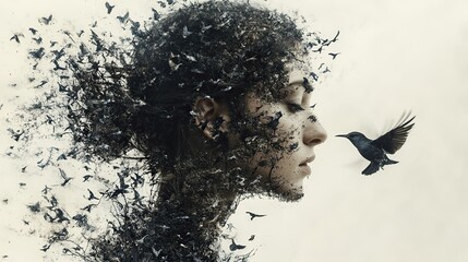 Double exposure of a woman's face and birds creates an abstract image symbolizing environmental conservation and the connection between humans and nature