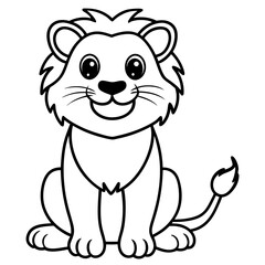 A cheerful lion cub sitting with a big smile line art illustration