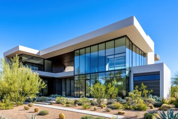A sleek modern home facade with large glass windows and minimalist landscaping, under a clear blue sky.