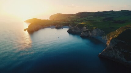 Sunset Over Coastal Cliffs and Serene Ocean Bay