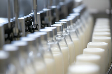 Obraz premium Bottles filled with fresh milk travel down a production line in a busy dairy facility