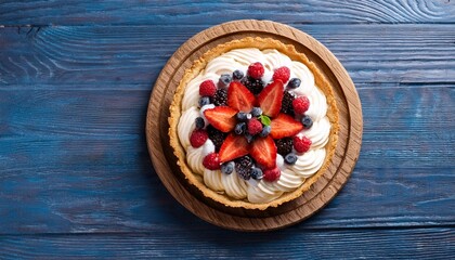 Generated image fruit tart with strawberries, raspberries, blueberries, and whipped cream woodem background