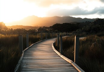 Fototapeta premium Wooden walkway leading to majestic sunset mountains