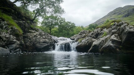 Serene Stream with Gentle Waterfalls and Lush Greenery by the Rocky Shoreline
