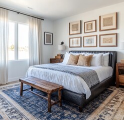 Elegant and Modern Bedroom Design Featuring a Plush Bed, Large Windows, and Stylish Decor in a Bright, Airy Space