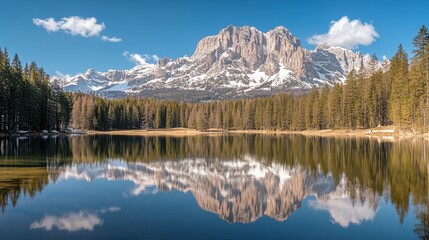 

Scenic reflection of a snow-capped mountain in a tranquil Canadian lake, with a vibrant green forest in the foreground