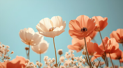 Obraz premium Delight in the beauty of white and peach blooms swaying gently in a soft breeze, creating a calm atmosphere perfect for unwinding and mindfulness in nature